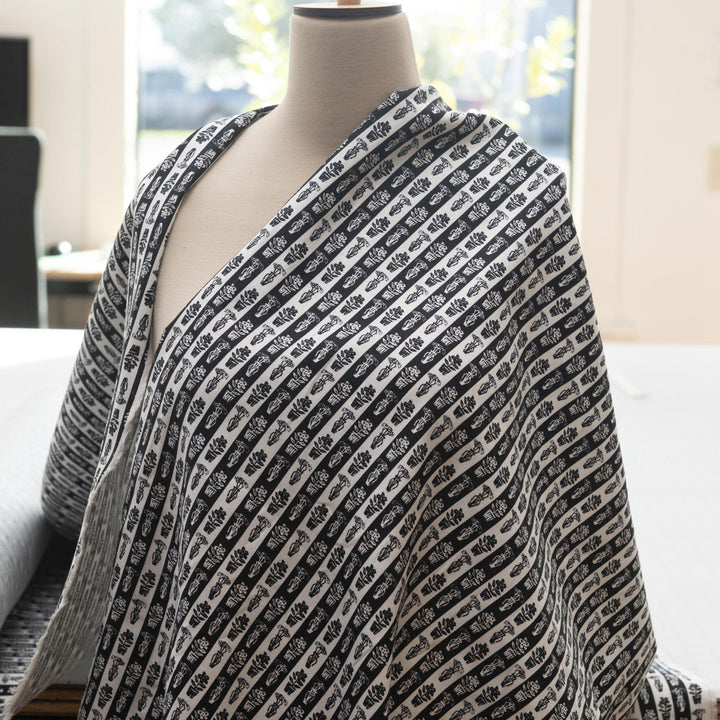 Cotton Woven Japanese Classic Garden Print black and white fabric with plant motifs