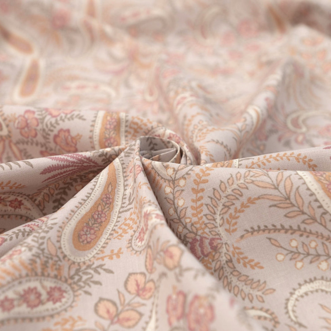 Cotton Poplin, French - Stretch - "Soft Peach Paisley"