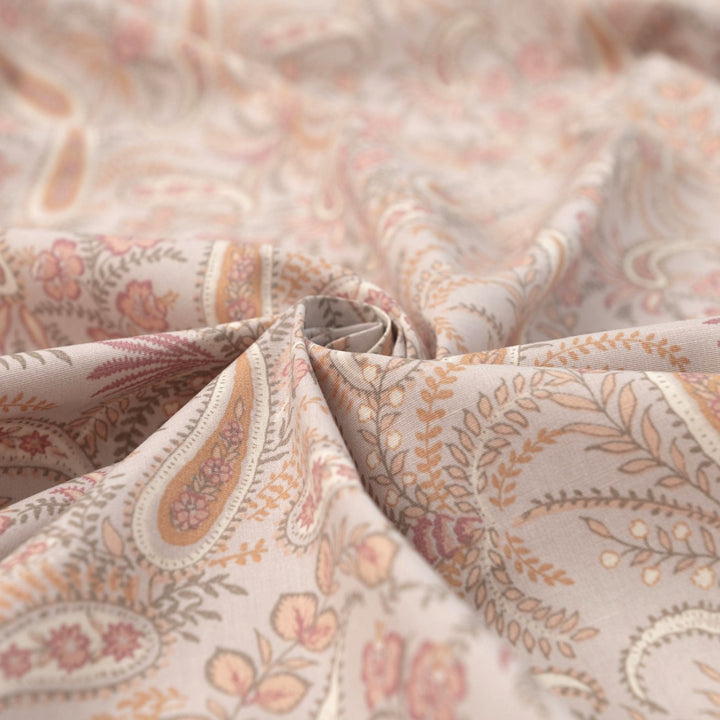 Cotton Poplin, French - Stretch - "Soft Peach Paisley"