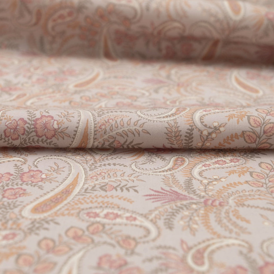 Cotton Poplin, French - Stretch - "Soft Peach Paisley"