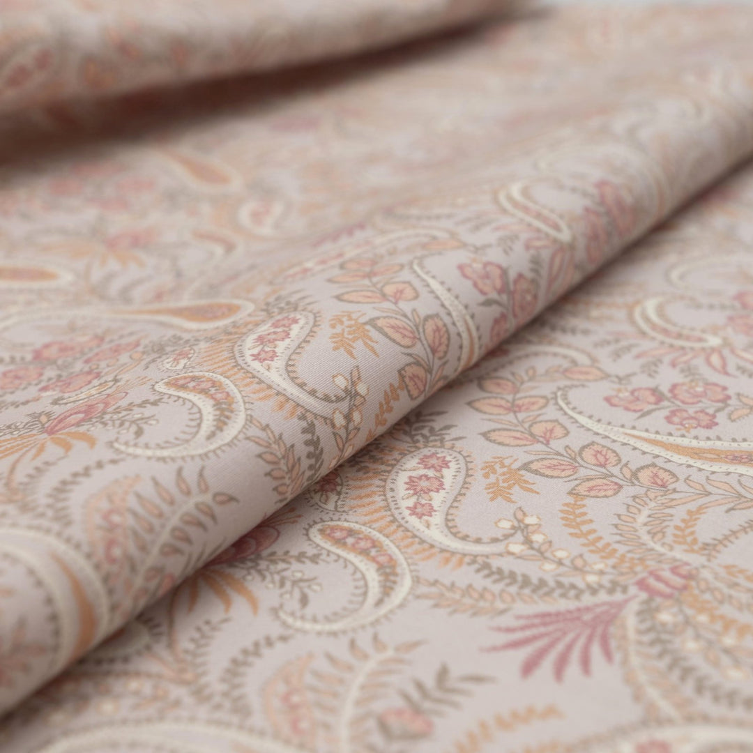 Cotton Poplin, French - Stretch - "Soft Peach Paisley"