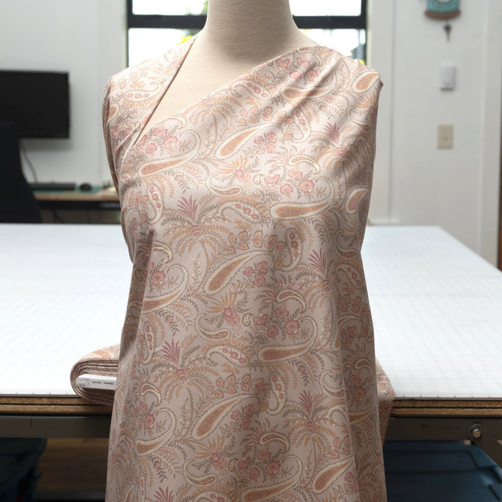 Cotton Poplin, French - Stretch - "Soft Peach Paisley"