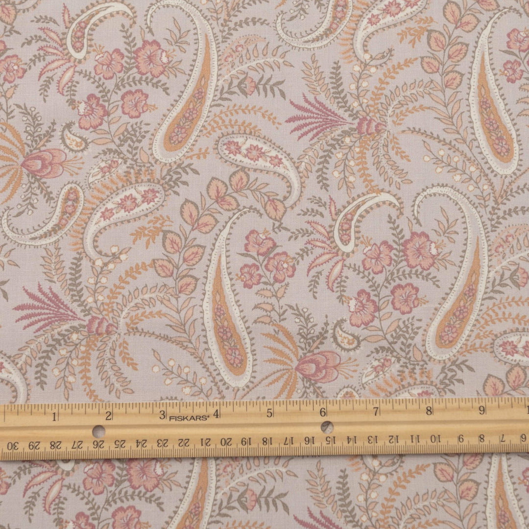 Cotton Poplin, French - Stretch - "Soft Peach Paisley"