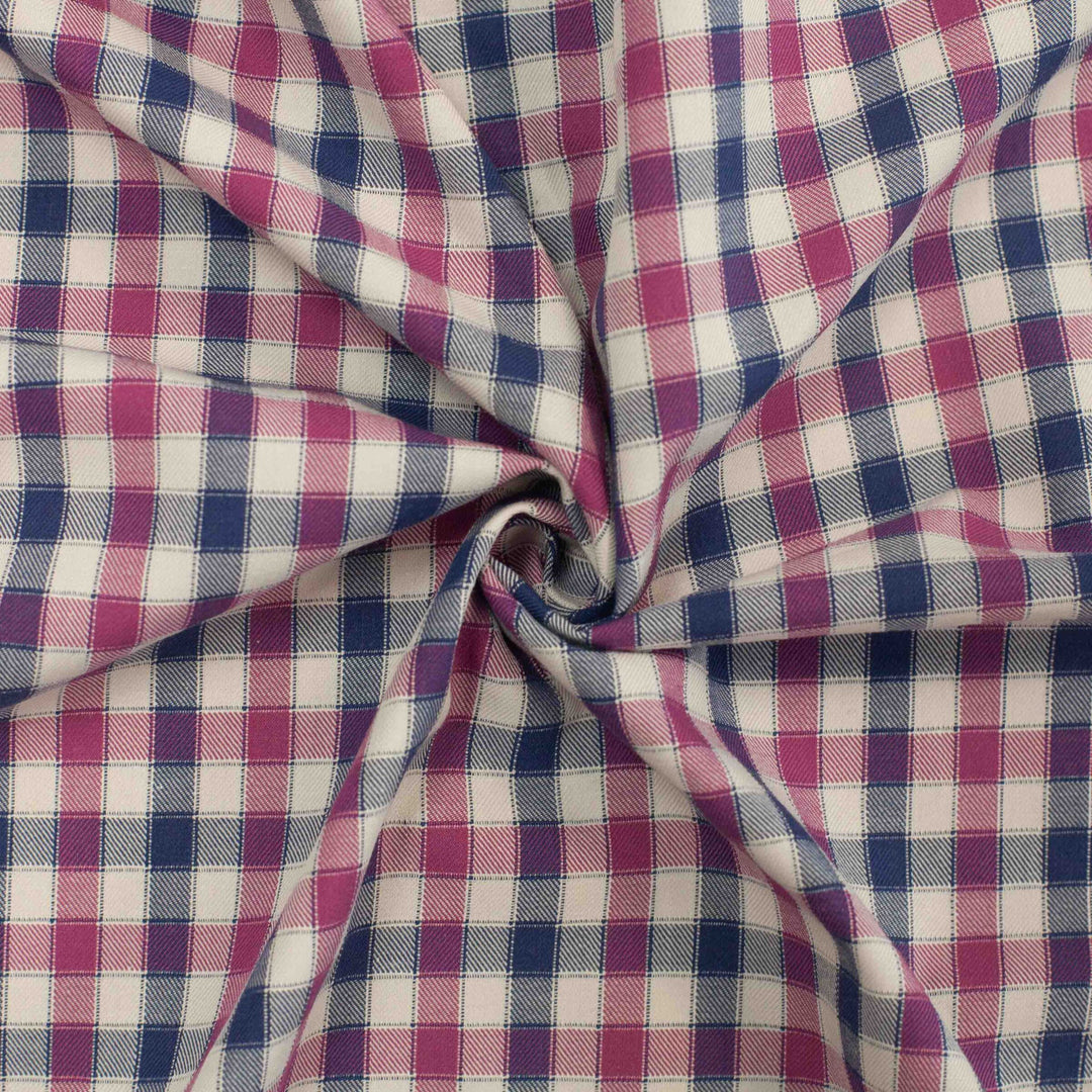 Lightweight Tattersall check cotton twill fabric in blue, pink, and cream