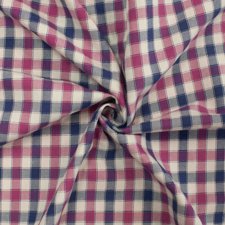 Lightweight Tattersall check cotton twill fabric in blue, pink, and cream