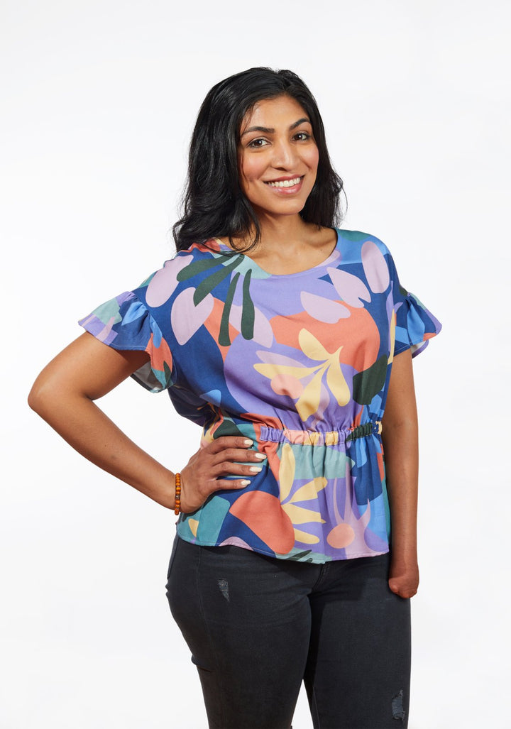 Grainline Studio Corbin Top sewing pattern for sizes 0–18, featuring ruffled cap and 3/4-length sleeve options.