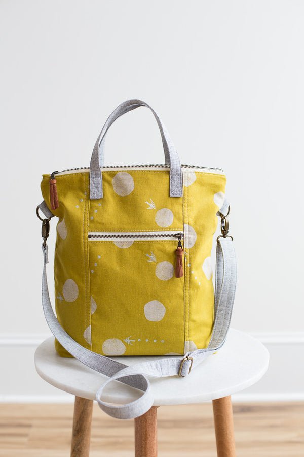 Noodlehead Redwood Tote sewing pattern for DIY crossbody bag with zippered pockets and adjustable strap