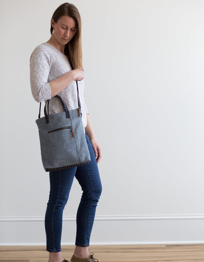 Noodlehead Redwood Tote sewing pattern for DIY crossbody bag with zippered pockets and adjustable strap