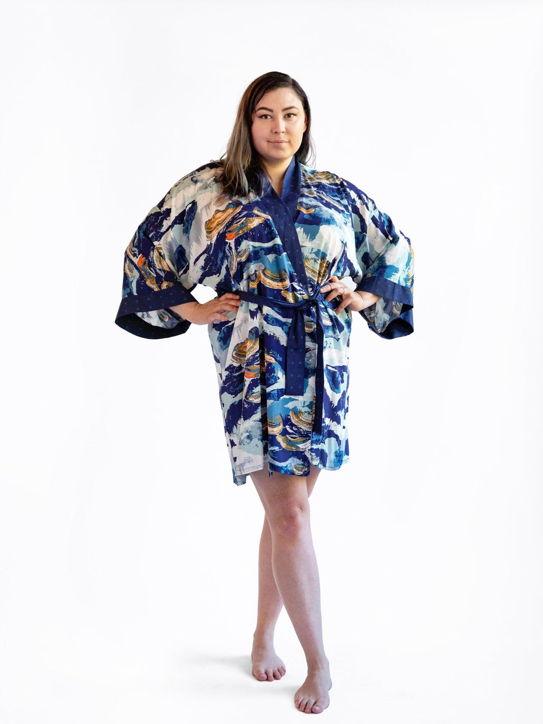 Handmade Signature Robe in Blue Ridge print, featuring lightweight rayon fabric and kimono-style design with cotton edgings.