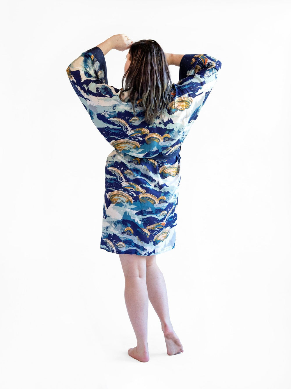 Handmade Signature Robe in Blue Ridge print, featuring lightweight rayon fabric and kimono-style design with cotton edgings.