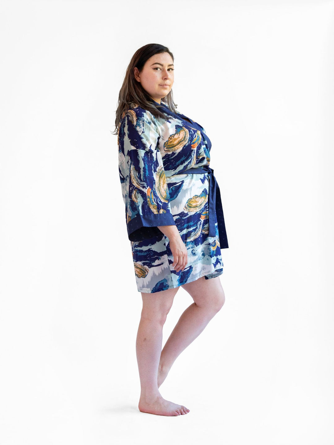Handmade Signature Robe in Blue Ridge print, featuring lightweight rayon fabric and kimono-style design with cotton edgings.

