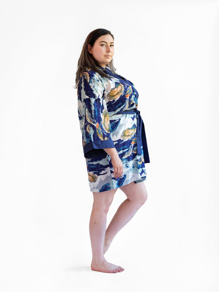 Handmade Signature Robe in Blue Ridge print, featuring lightweight rayon fabric and kimono-style design with cotton edgings.
