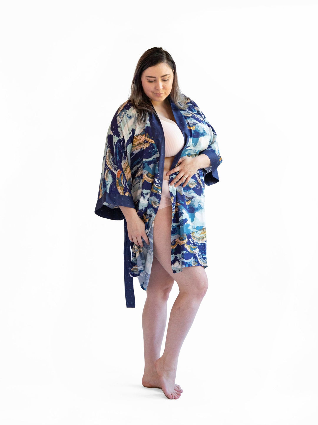 Handmade Signature Robe in Blue Ridge print, featuring lightweight rayon fabric and kimono-style design with cotton edgings.
