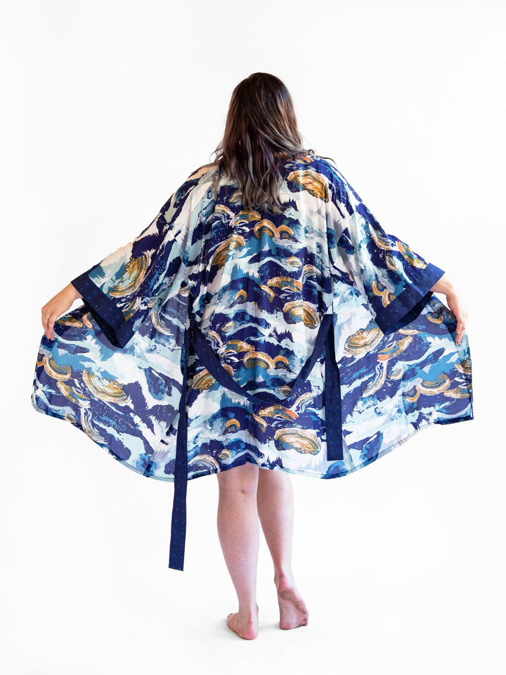 Handmade Signature Robe in Blue Ridge print, featuring lightweight rayon fabric and kimono-style design with cotton edgings.