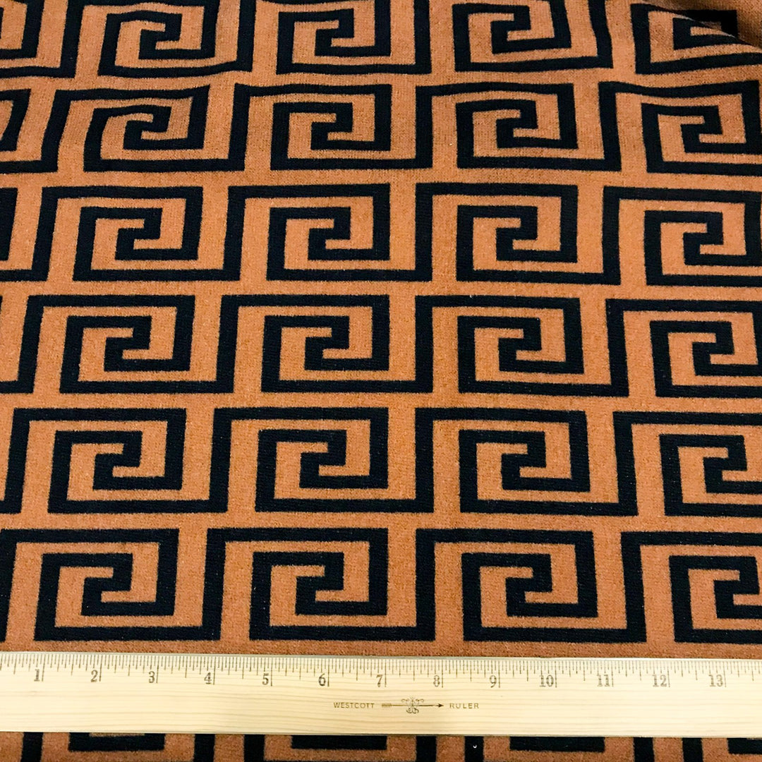 Copper Black Greek Key Hacci Sweater Knit Fabric - Rayon Spandex Poly Blend - Geometric Pattern Material for Cardigans & Pullovers