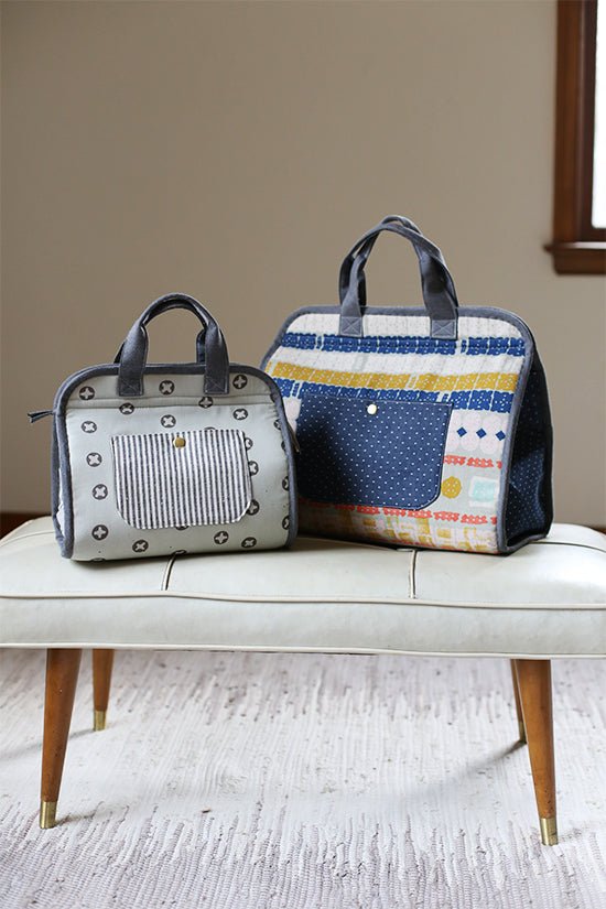 Noodlehead Maker’s Tote sewing pattern for DIY craft organizer bag with zippered pockets and two sizes