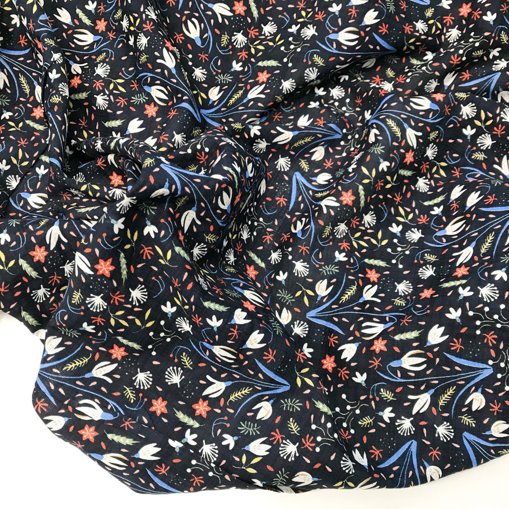 Cotton Viscose Voile Floral Party in Navy lightweight fabric with multicolor floral print