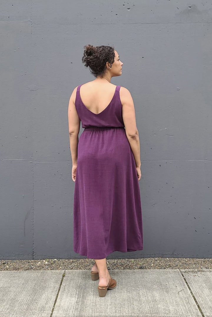 Sew House Seven Sauvie Sundress sewing pattern for standard sizes 00–20 with strappy V-neck design, pocket variations, and customizable lengths.