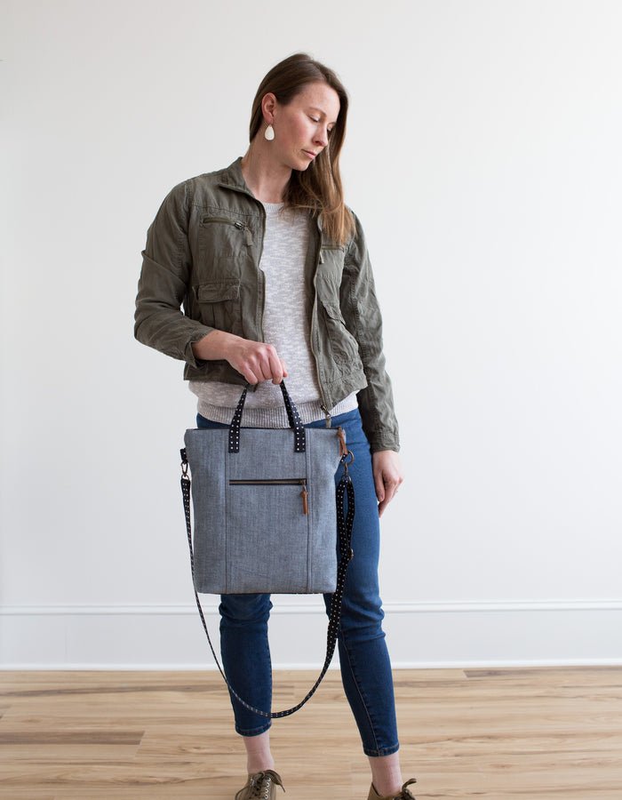 Noodlehead Redwood Tote sewing pattern for DIY crossbody bag with zippered pockets and adjustable strap