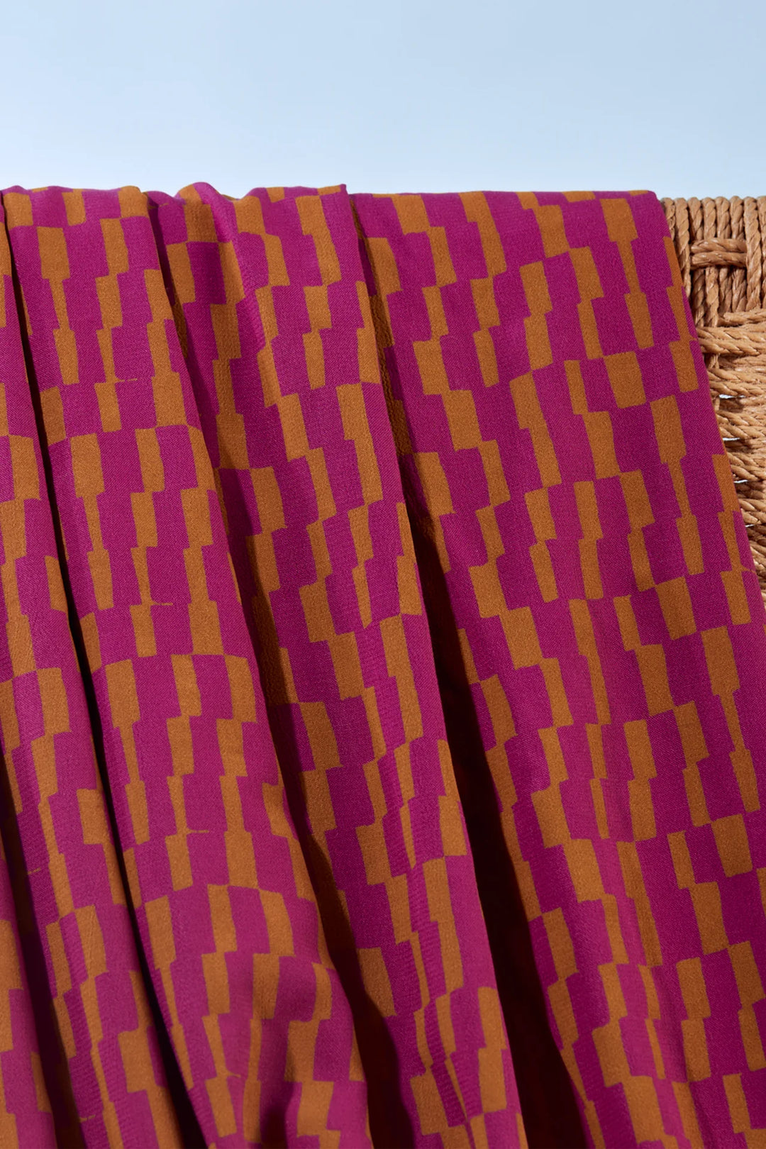 Viscose Challis fabric in Domino Dahlia - Raspberry and Ochre, ideal for dresses and blouses