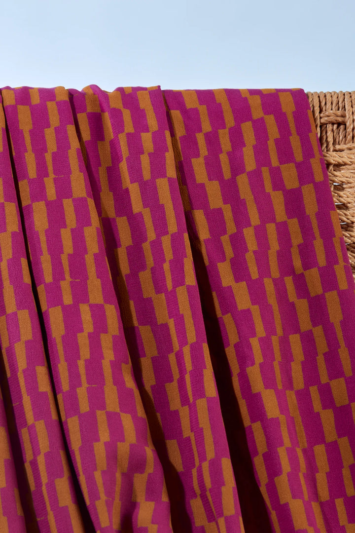 Viscose Challis fabric in Domino Dahlia - Raspberry and Ochre, ideal for dresses and blouses