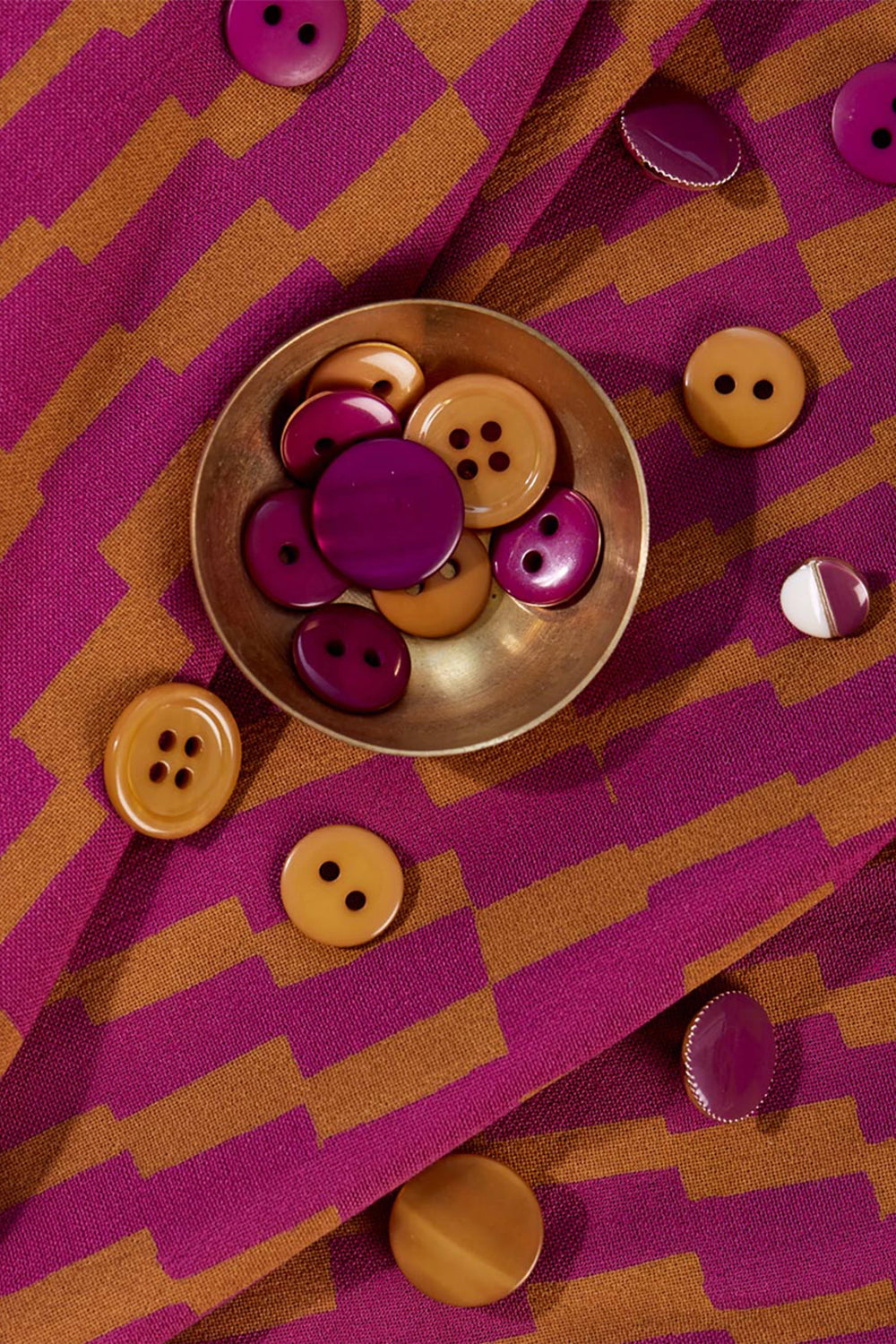 Viscose Challis fabric in Domino Dahlia - Raspberry and Ochre, ideal for dresses and blouses