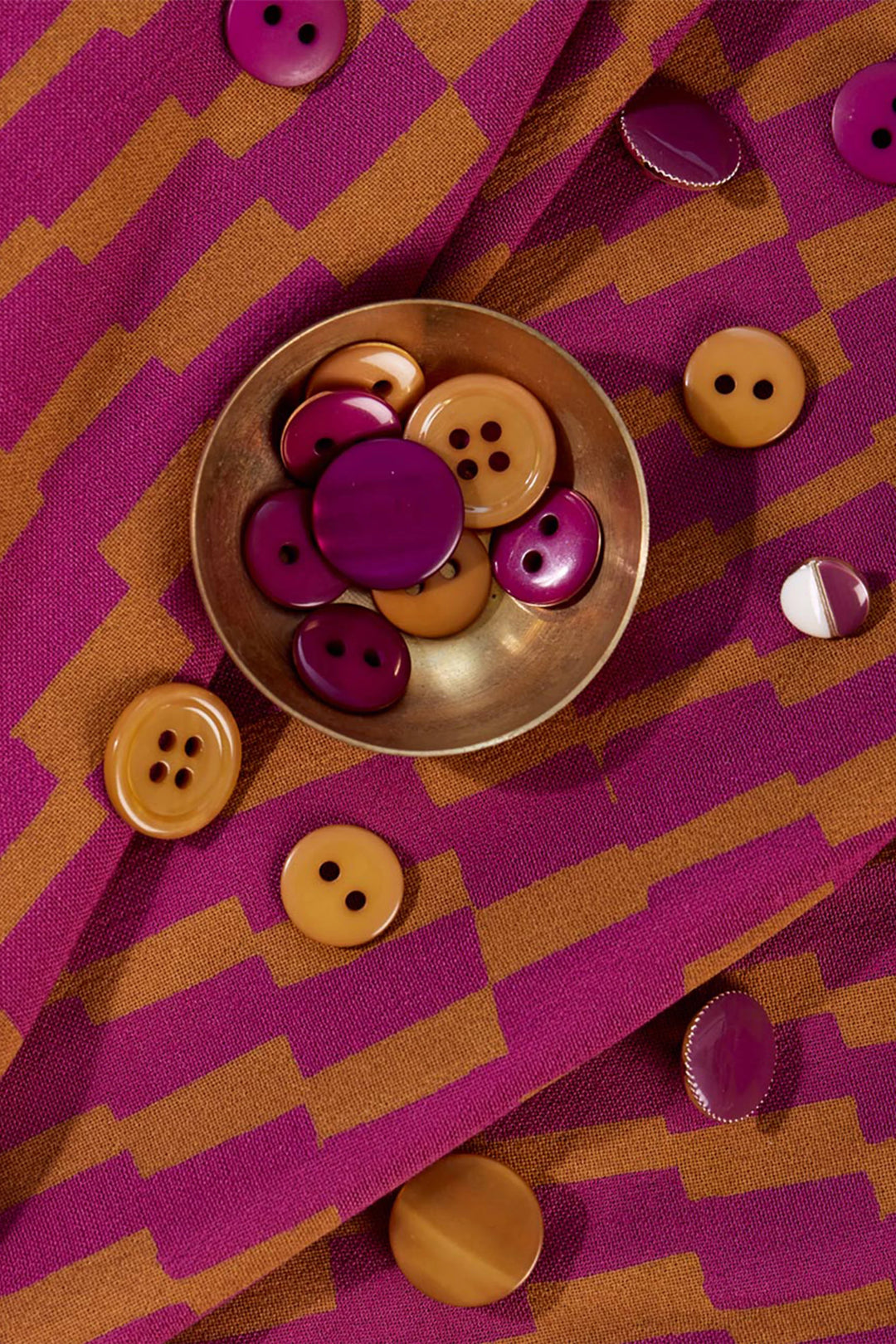 Viscose Challis fabric in Domino Dahlia - Raspberry and Ochre, ideal for dresses and blouses