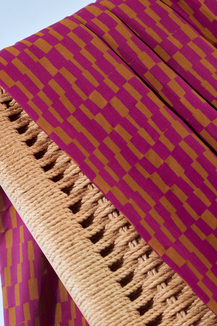 Viscose Challis fabric in Domino Dahlia - Raspberry and Ochre, ideal for dresses and blouses