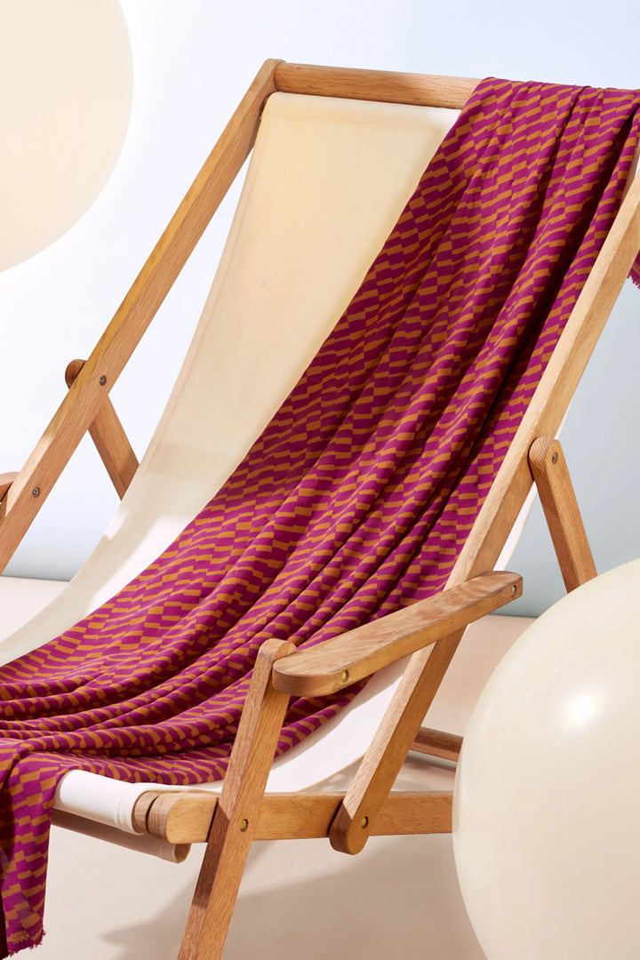 Viscose Challis fabric in Domino Dahlia - Raspberry and Ochre, ideal for dresses and blouses