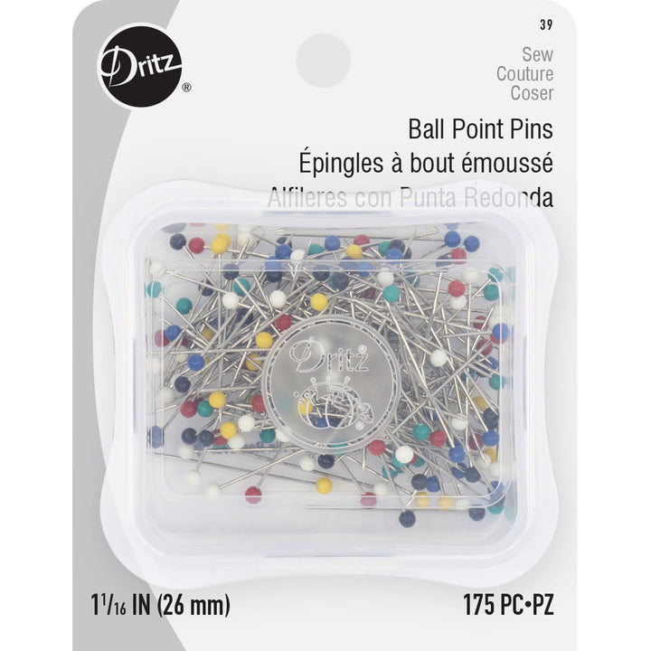 Ball Point Pins by Dritz, 1-1/16 inch nickel-plated steel pins with multi-colored heads, 175 count pack