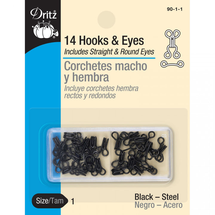 Dritz Size 1 Black hooks and eyes set with straight and round eyes