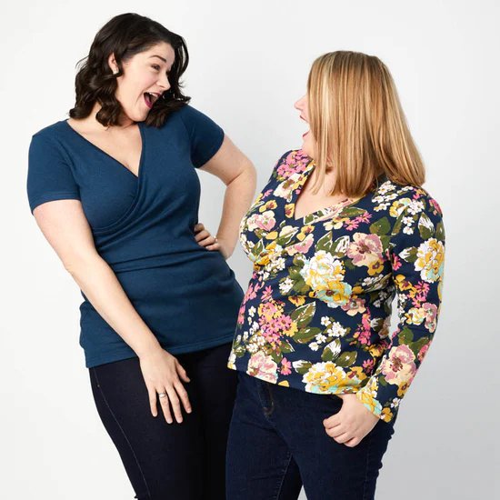 Cashmerette Dartmouth Top sewing pattern – cross-over jersey top with wrap or ruched front, three sleeve lengths, and banded neckline.