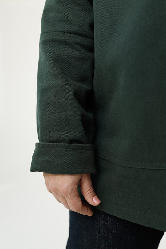 Chalk & Notch Den Jacket sewing pattern – customizable woven jacket with patch pockets and two length options for sizes 0-30