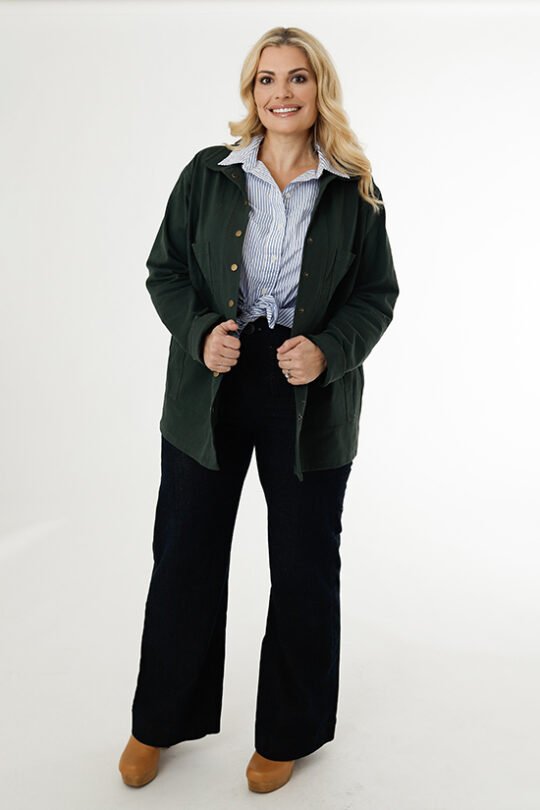 Chalk & Notch Den Jacket sewing pattern – customizable woven jacket with patch pockets and two length options for sizes 0-30
