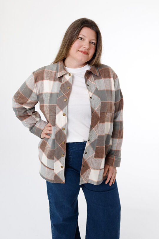 Chalk & Notch Den Jacket sewing pattern – customizable woven jacket with patch pockets and two length options for sizes 0-30