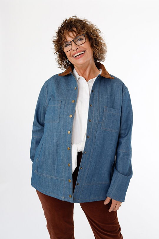 Chalk & Notch Den Jacket sewing pattern – customizable woven jacket with patch pockets and two length options for sizes 0-30