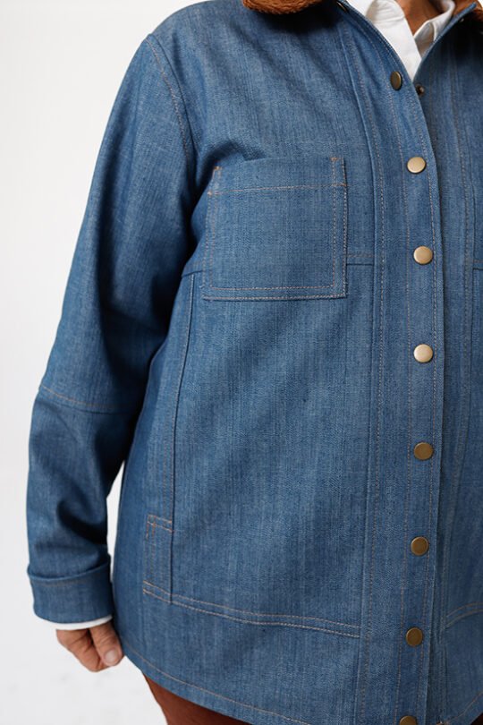 Chalk & Notch Den Jacket sewing pattern – customizable woven jacket with patch pockets and two length options for sizes 0-30
