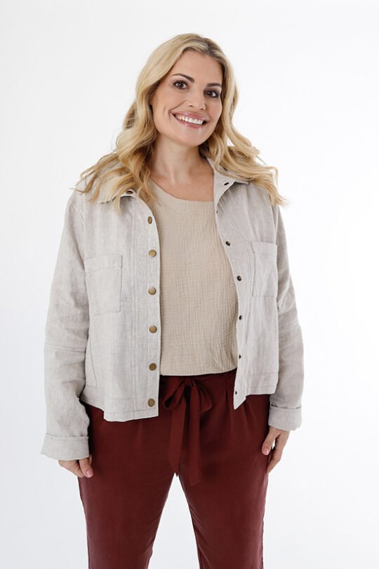 Chalk & Notch Den Jacket sewing pattern – customizable woven jacket with patch pockets and two length options for sizes 0-30
