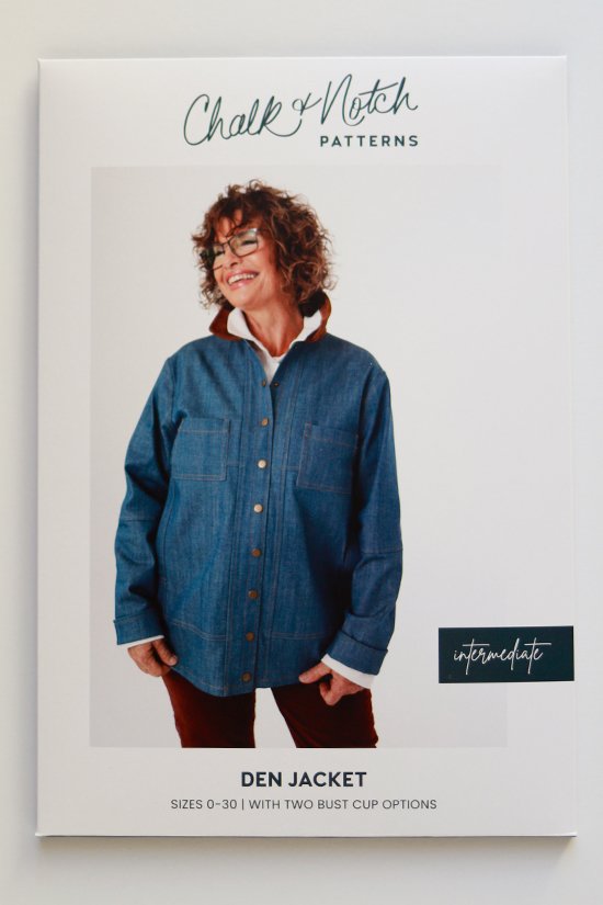Chalk & Notch Den Jacket sewing pattern – customizable woven jacket with patch pockets and two length options for sizes 0-30