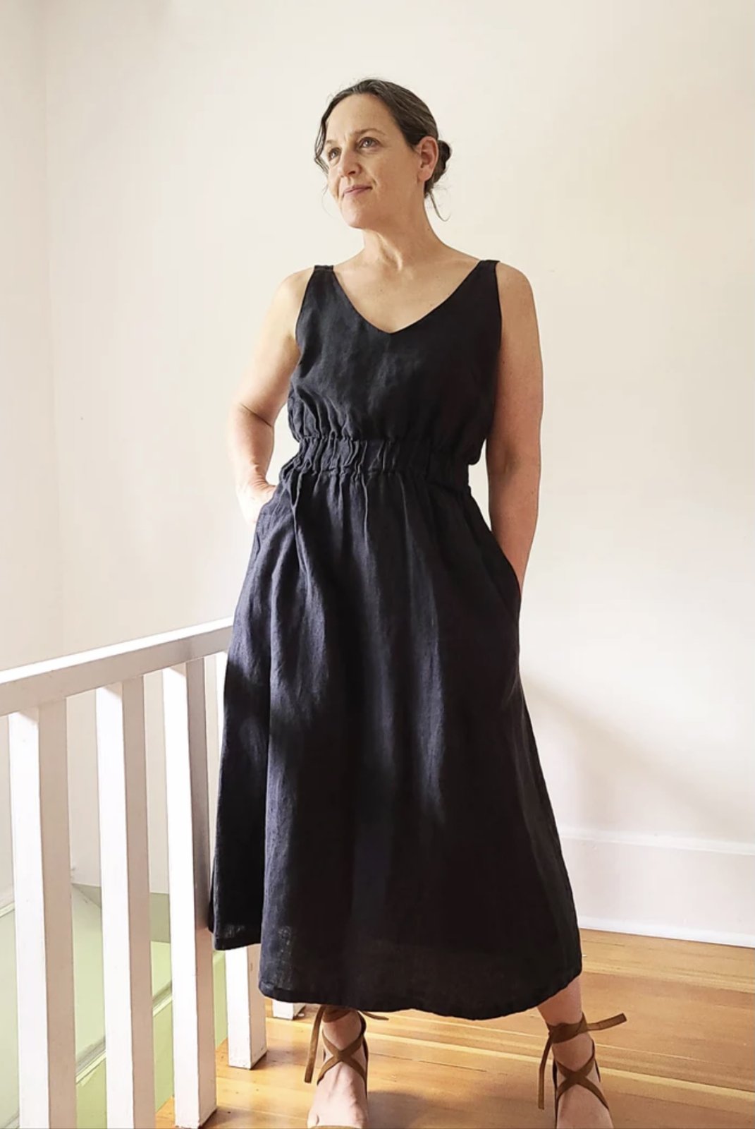 Sew House Seven Sauvie Sundress sewing pattern for standard sizes 00–20 with strappy V-neck design, pocket variations, and customizable lengths.