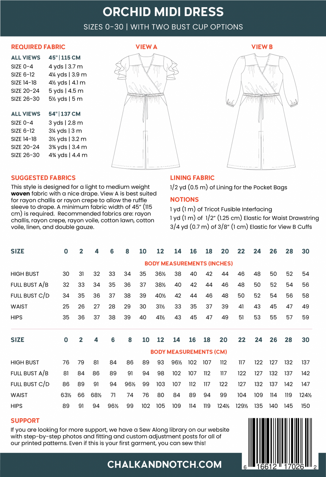 Chalk & Notch Orchid Midi Dress sewing pattern featuring wrap bodice, flowing midi skirt, and sleeve options with ruffle or long gathered sleeves.