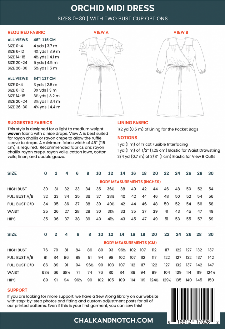 Chalk & Notch Orchid Midi Dress sewing pattern featuring wrap bodice, flowing midi skirt, and sleeve options with ruffle or long gathered sleeves.