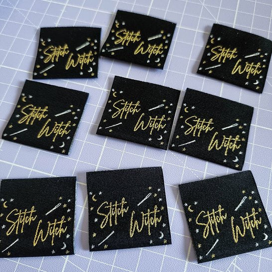 SA Labels Stitch Witch metallic garment tags with gold and silver lurex for magical sewing projects