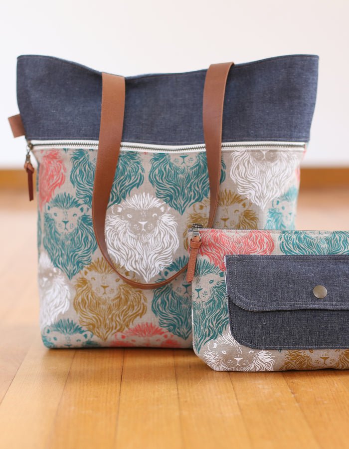 Noodlehead Caravan Tote and Pouch sewing pattern for DIY knitting bag with zippered pockets and matching accessory