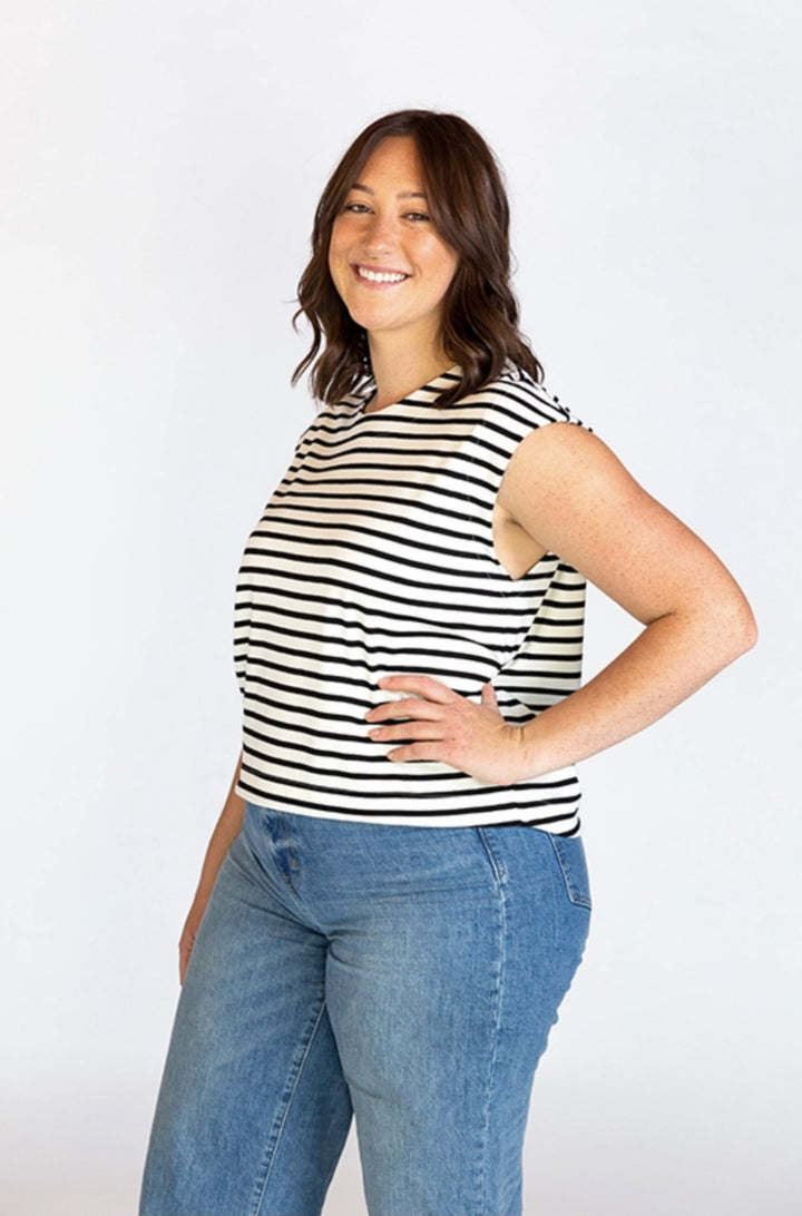 Chalk & Notch Max Tee sewing pattern with cropped and hip-length options, muscle tee shoulders, and three neckline finishes in sizes 0–30.