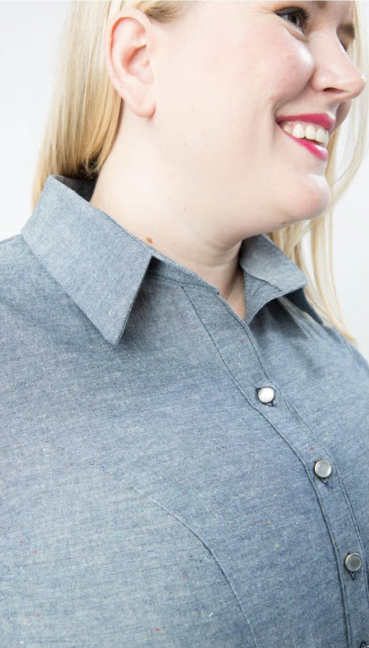 Cashmerette Harrison Shirt sewing pattern featuring a curve-friendly button-down with princess seams, classic collar, and tailored fit in sizes 12–32.