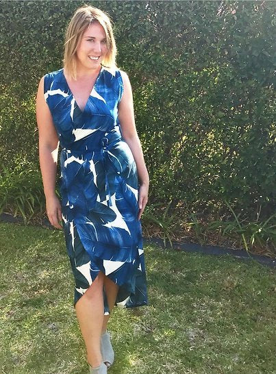 Sew to Grow Charlianne Wrap Dress sewing pattern, flutter sleeves, maxi tulip hem, tailored darts, elegant handmade dress