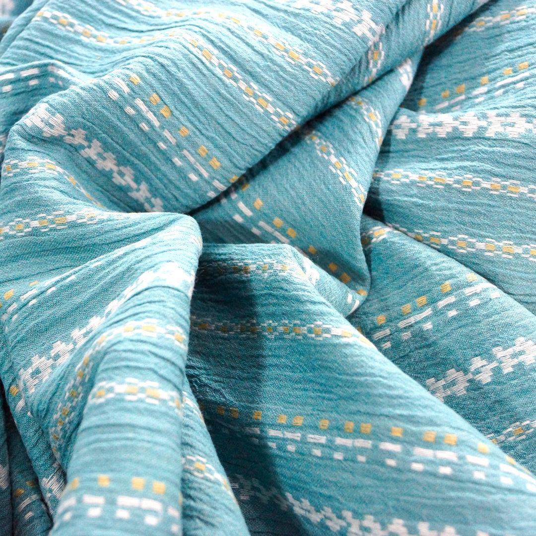 Teal embroidered Indian gauze – yarn-dyed cotton with artisan stitching