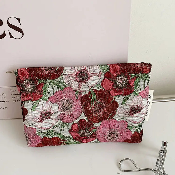 Embroidered Notions Bag - Midi - Poppies in Rose