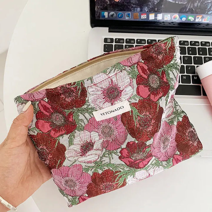 Embroidered Notions Bag - Midi - Poppies in Rose